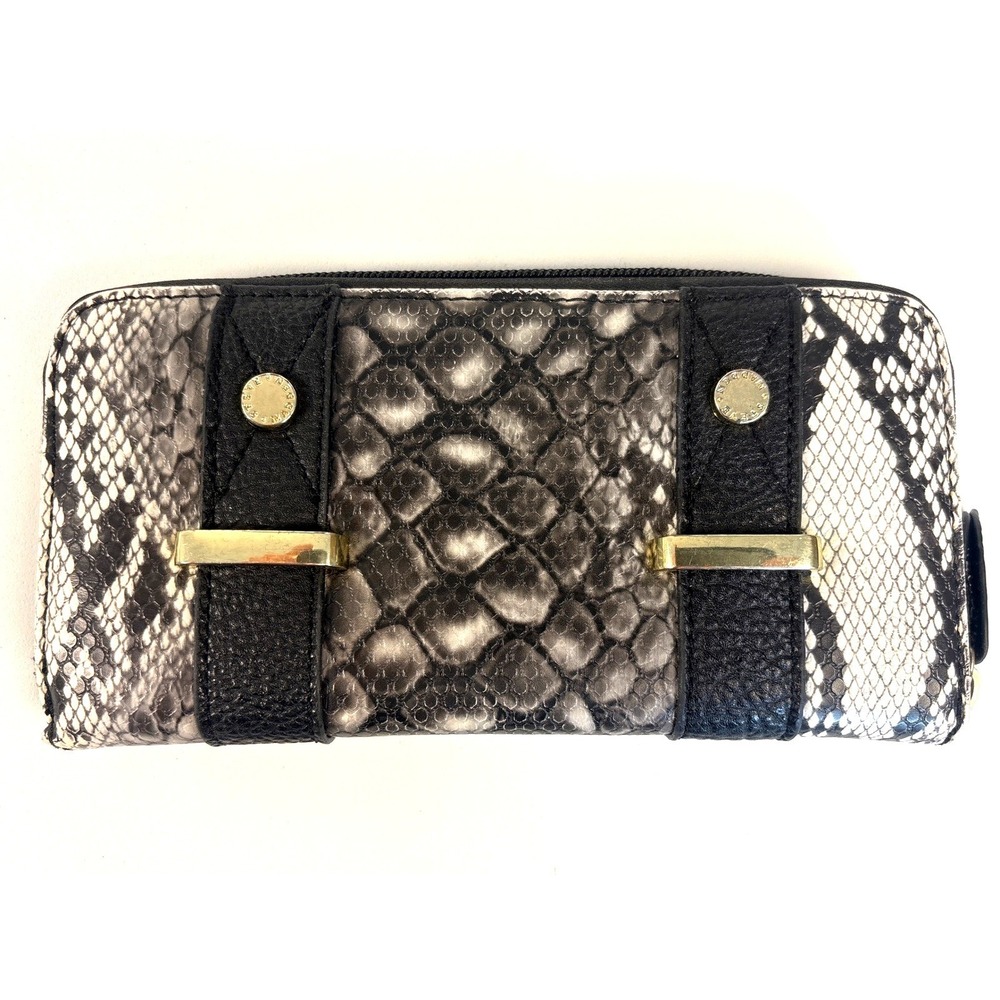 Steve Madden Faux Snakeskin Zip Around Wallet Black White Gold Hardware
